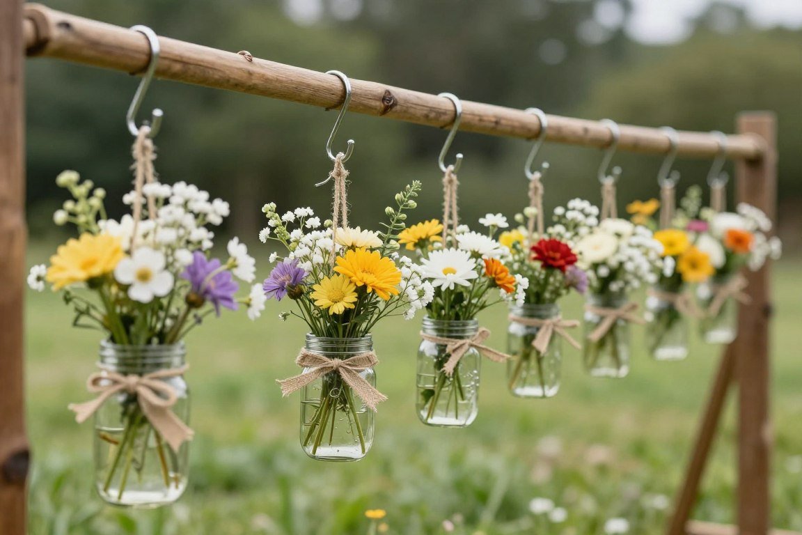 Mason jars filled with wildflowers as wedding aisle markers
