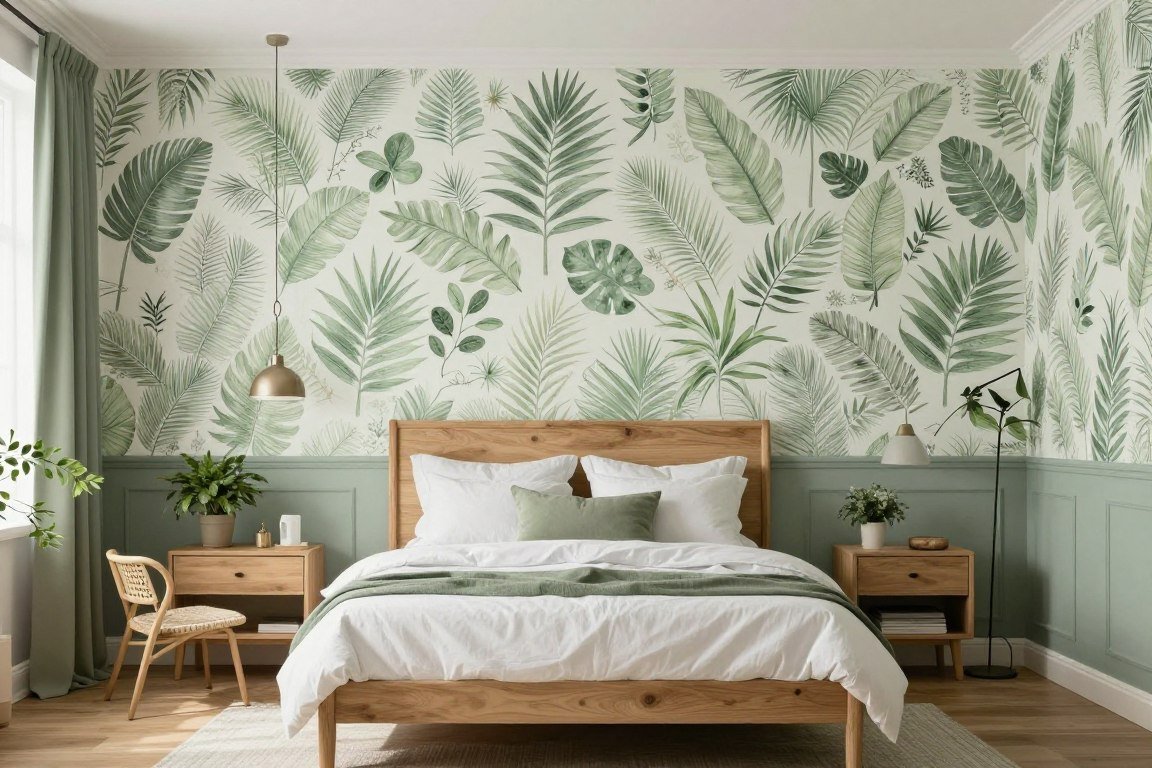 Master bedroom with botanical wallpaper and sage paint