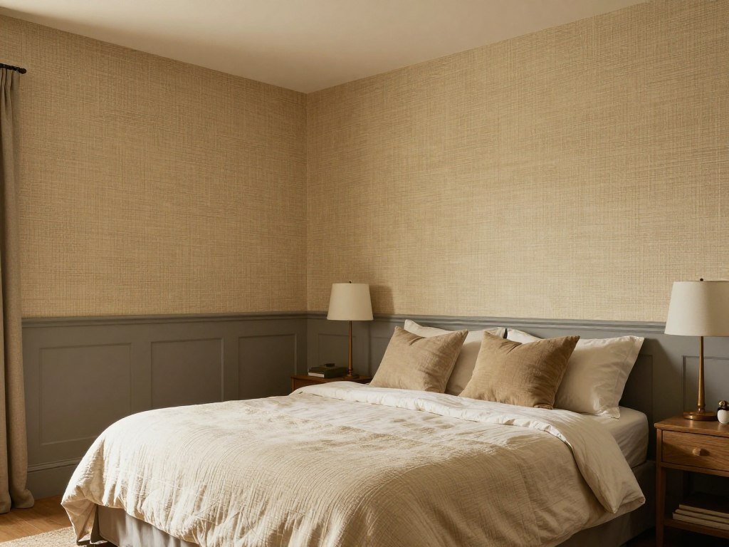 Master bedroom with grasscloth wallpaper and warm gray paint