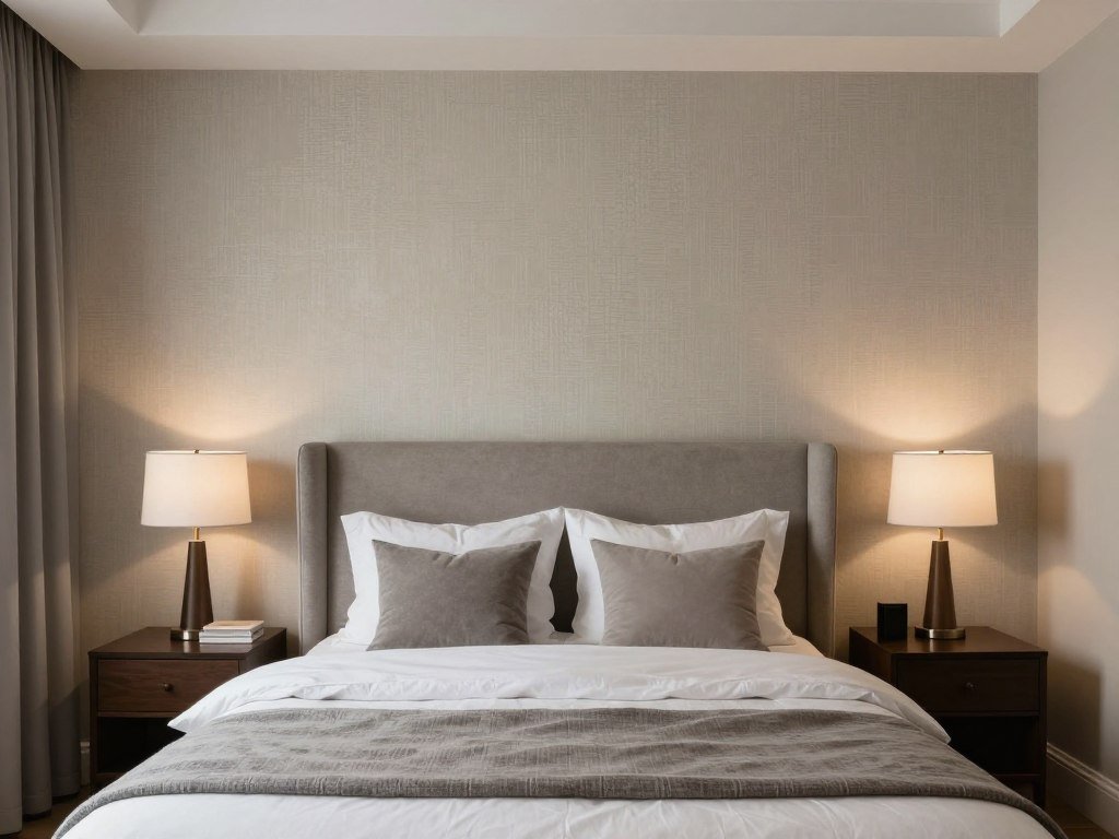 Master bedroom with textured wallpaper and warm gray paint