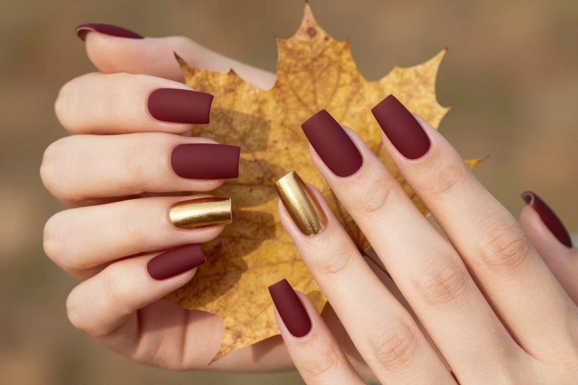 Matte burgundy September nails with gold accent