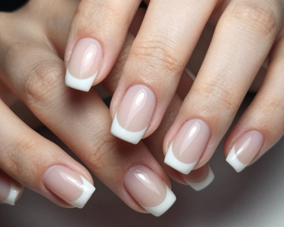 Matte white French tips contrasting with glossy nude base