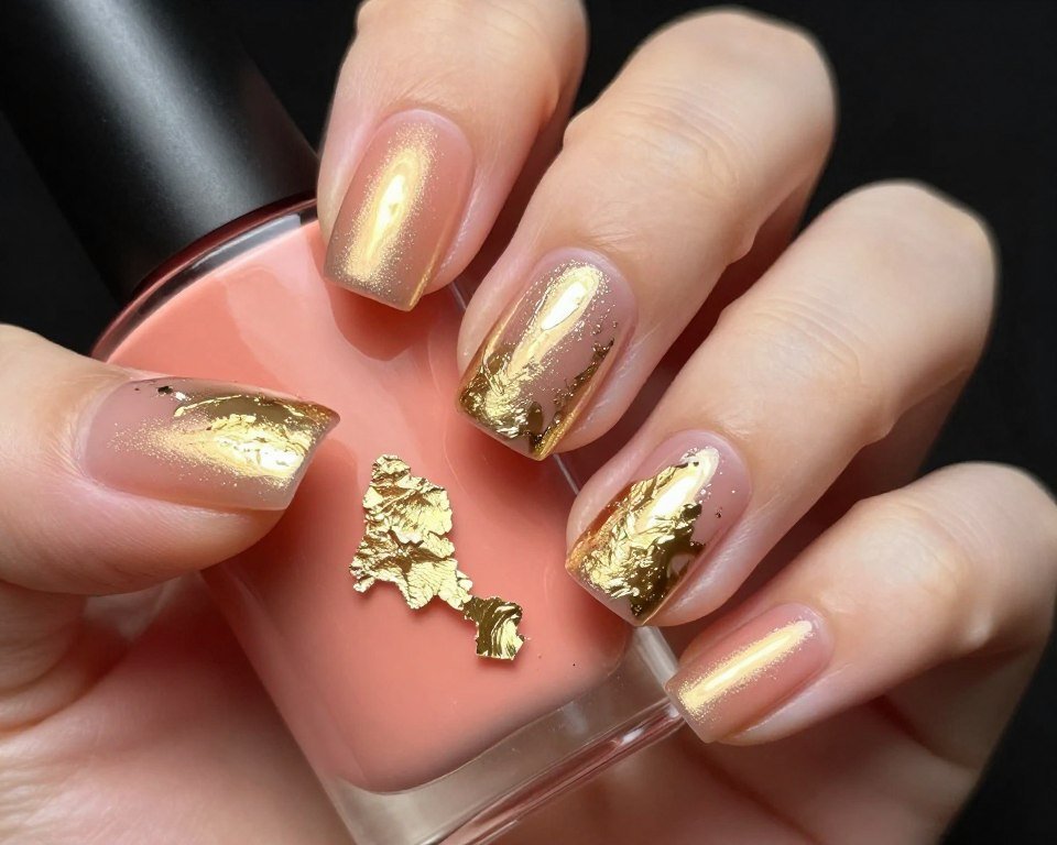 May nails with gold foil accents on peach base color