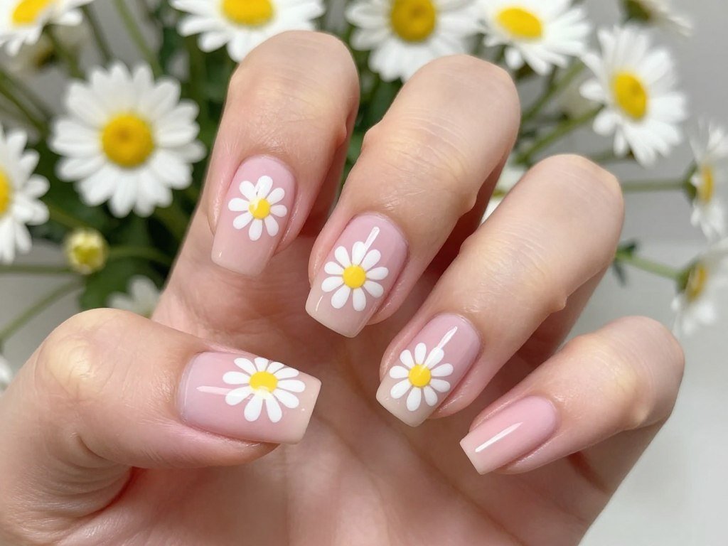 May nails with hand-painted white daisy accents on pale pink base