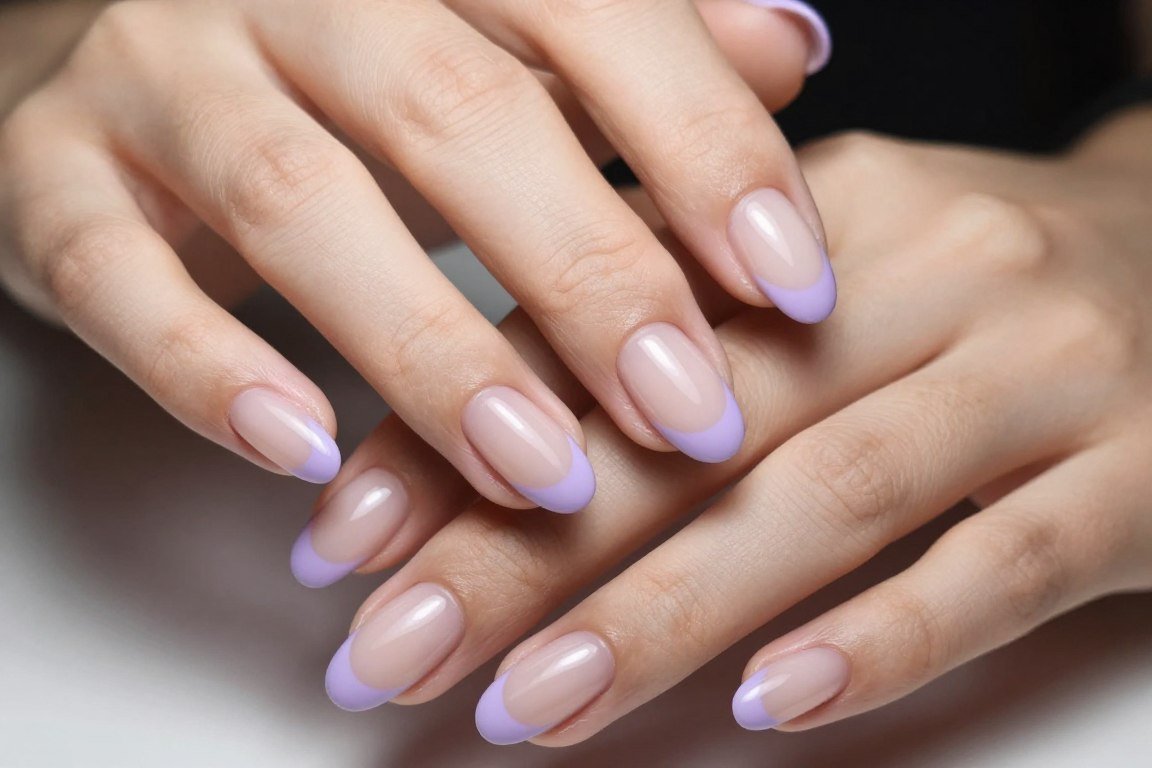 May nails with pastel lilac french tips on nude base