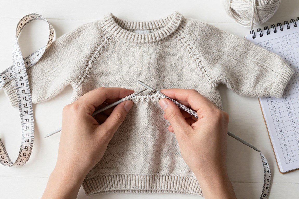 Measuring baby sweater work in progress