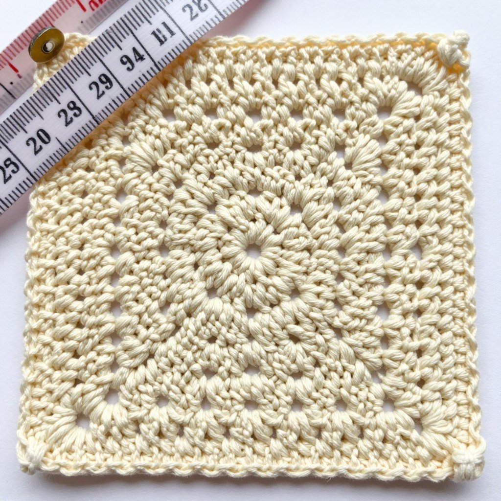 Measuring tape showing gauge swatch of double thick crochet