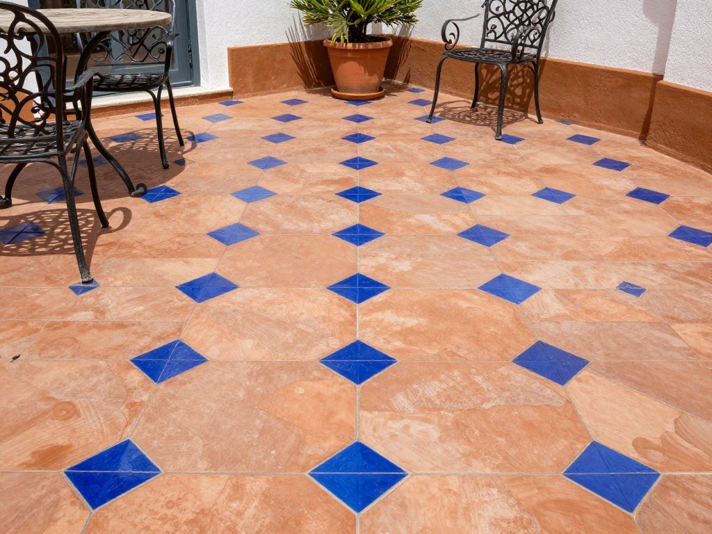 Mediterranean tile stamped concrete patio with terra cotta and blue accent colors