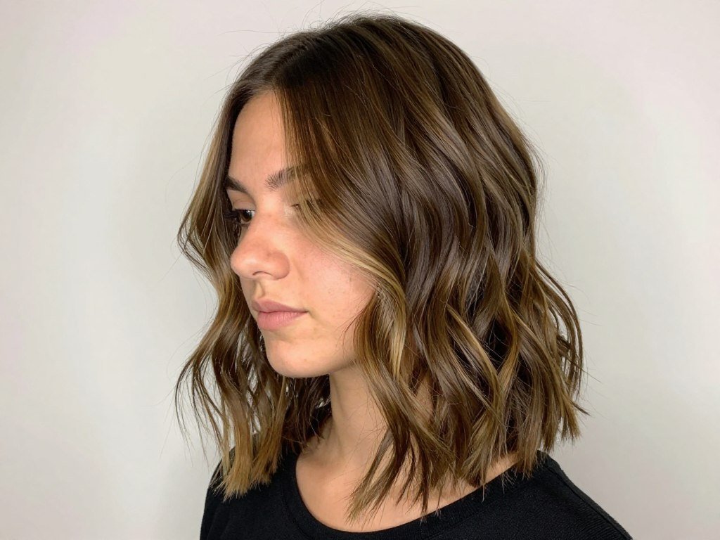 Medium-length brown hair with blonde balayage at shoulder length