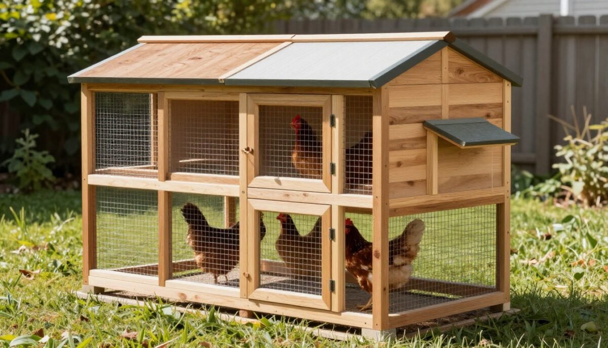 Medium-sized chicken coop with attached run and nesting boxes