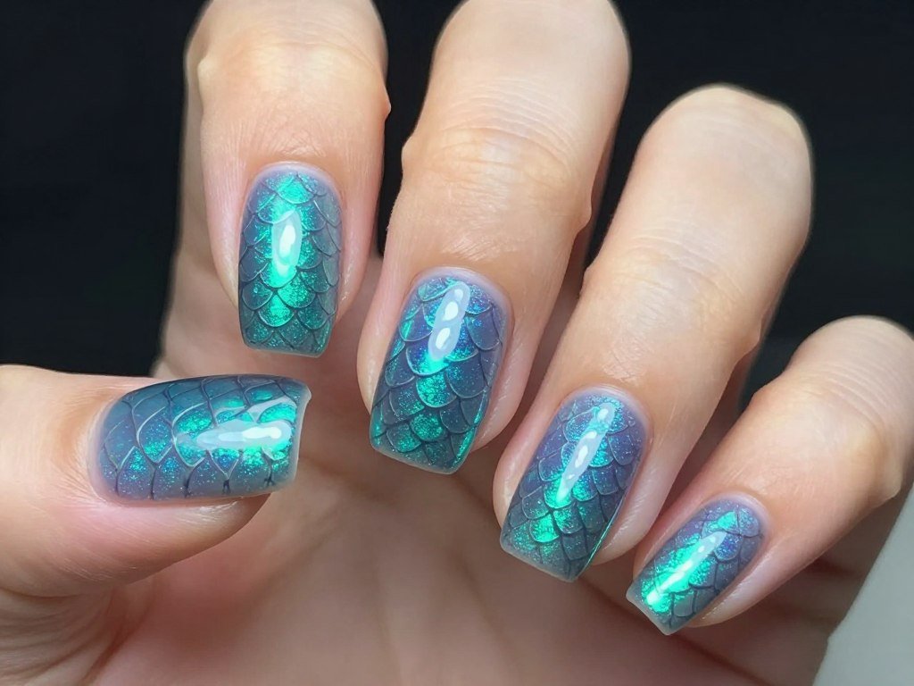 Mermaid scales June nails with iridescent shimmer effect