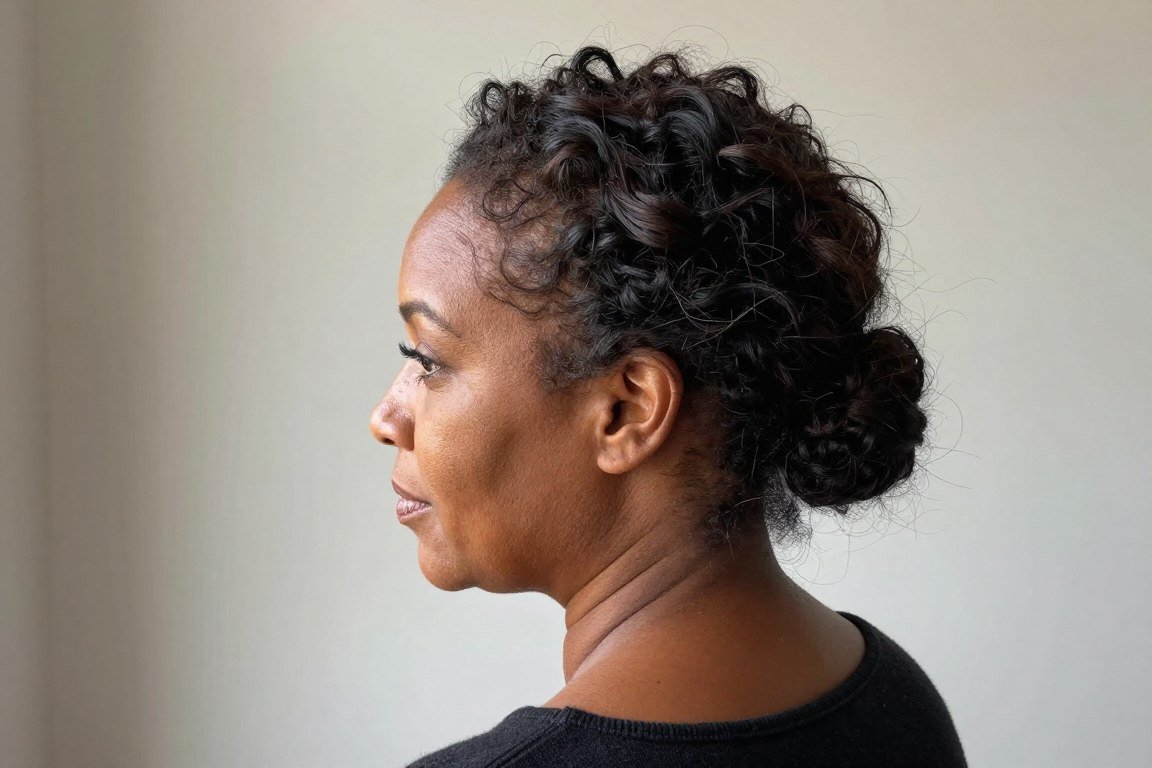 Messy textured bun showing relaxed elegance for older Black women