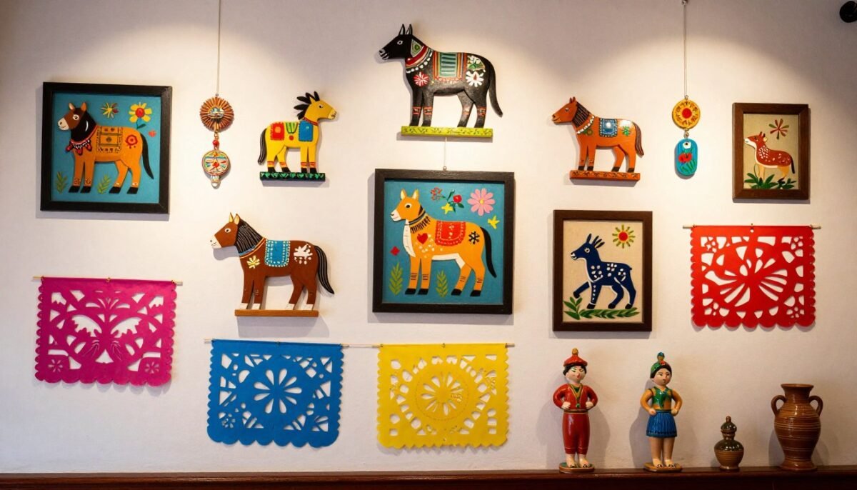 Mexican folk art displayed on walls in home decor