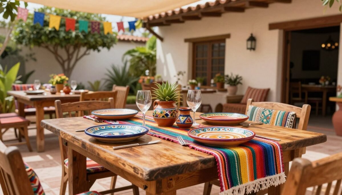 Mexican patio dining area with colorful table settings and decor