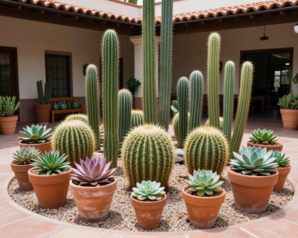 Mexican patio garden with various cacti and succulents in terracotta pots