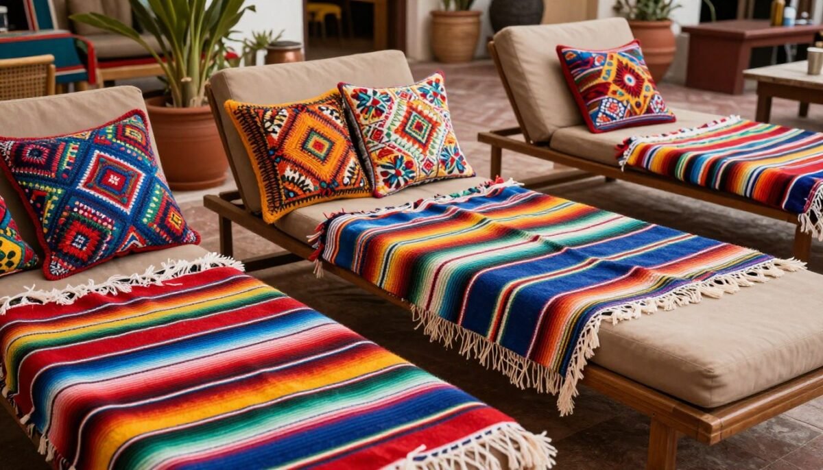 Mexican patio with colorful textiles and cushions