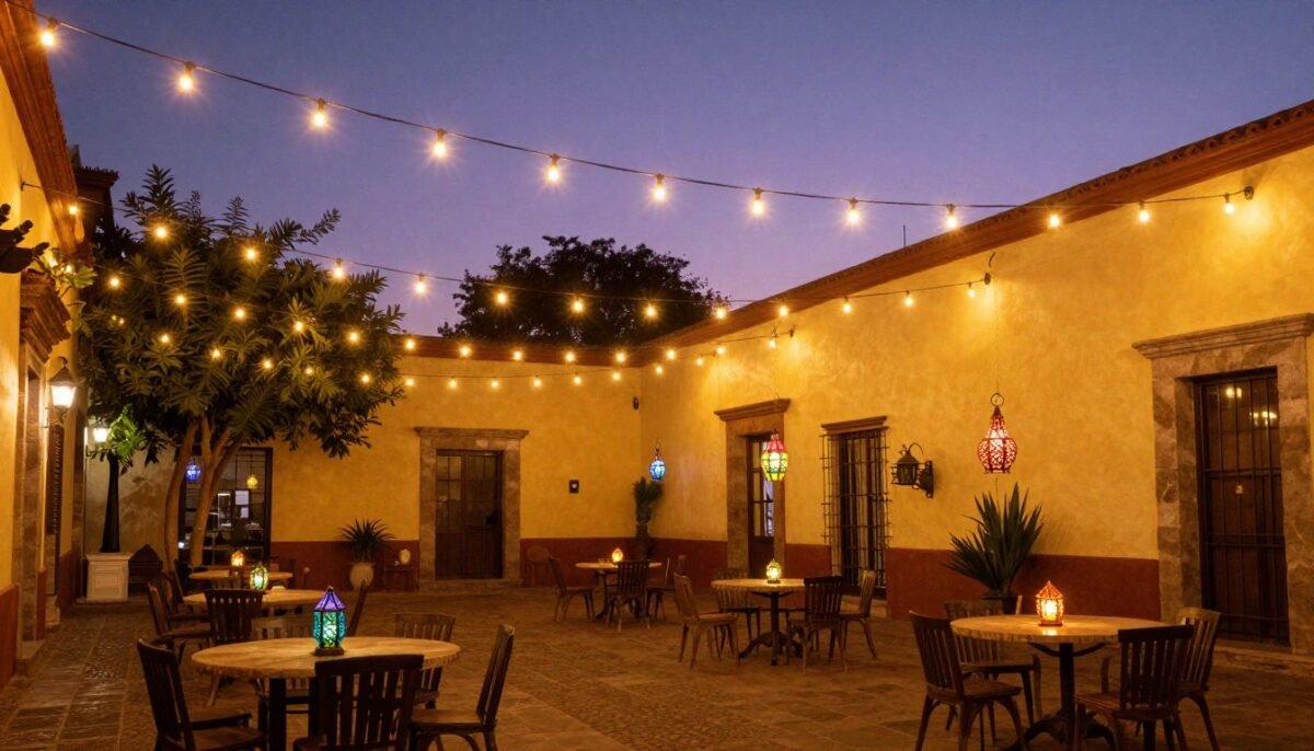 Mexican patio with string lights and decorative lanterns at dusk