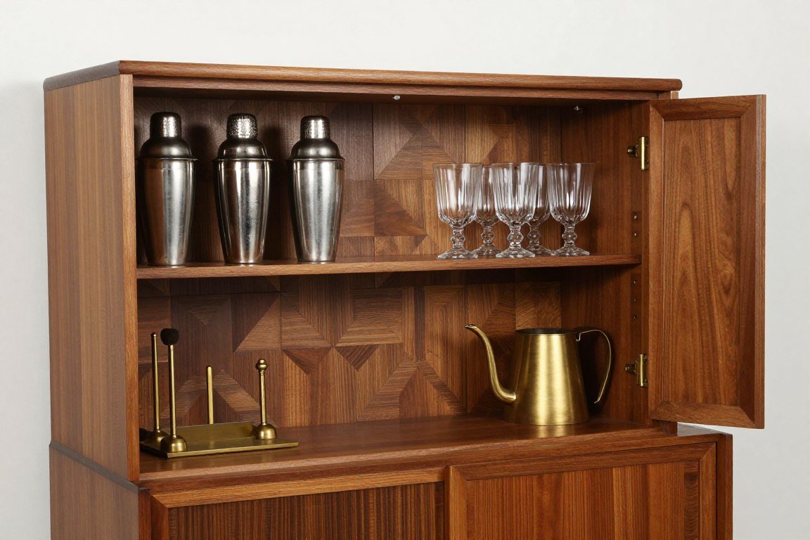 Mid-century bar cabinet with vintage barware collection for built-in bar ideas