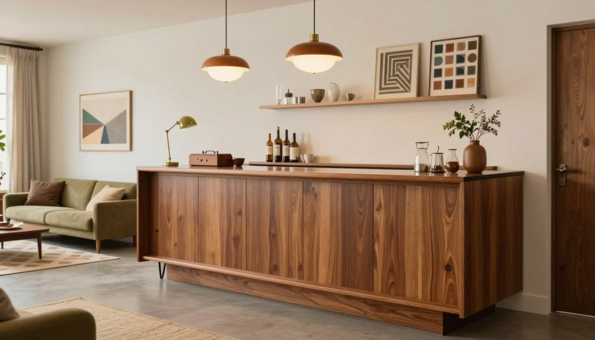 Mid-century modern bar with tapered legs and vintage styling for built-in bar ideas