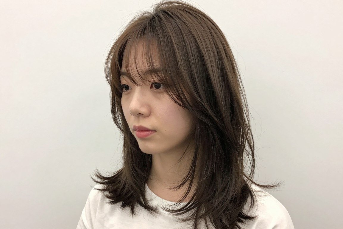 Midi length haircut with curtain bangs