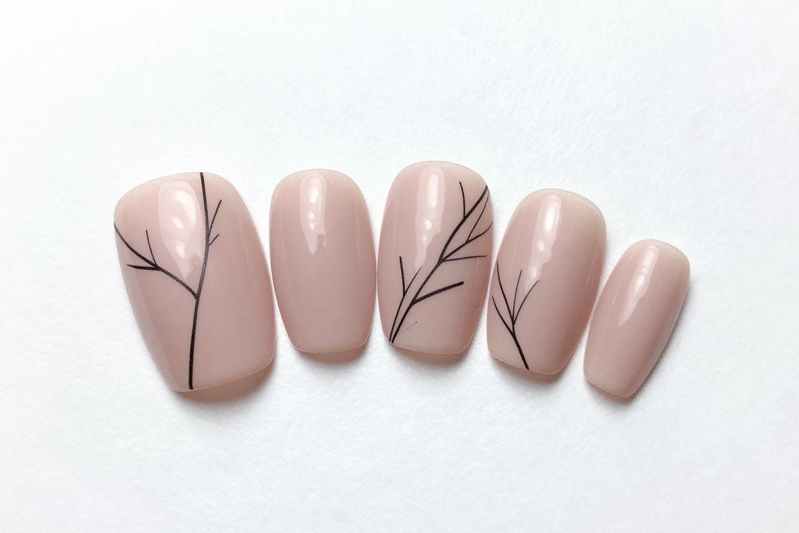 Minimalist October nails with thin black line art creating abstract fall branch designs