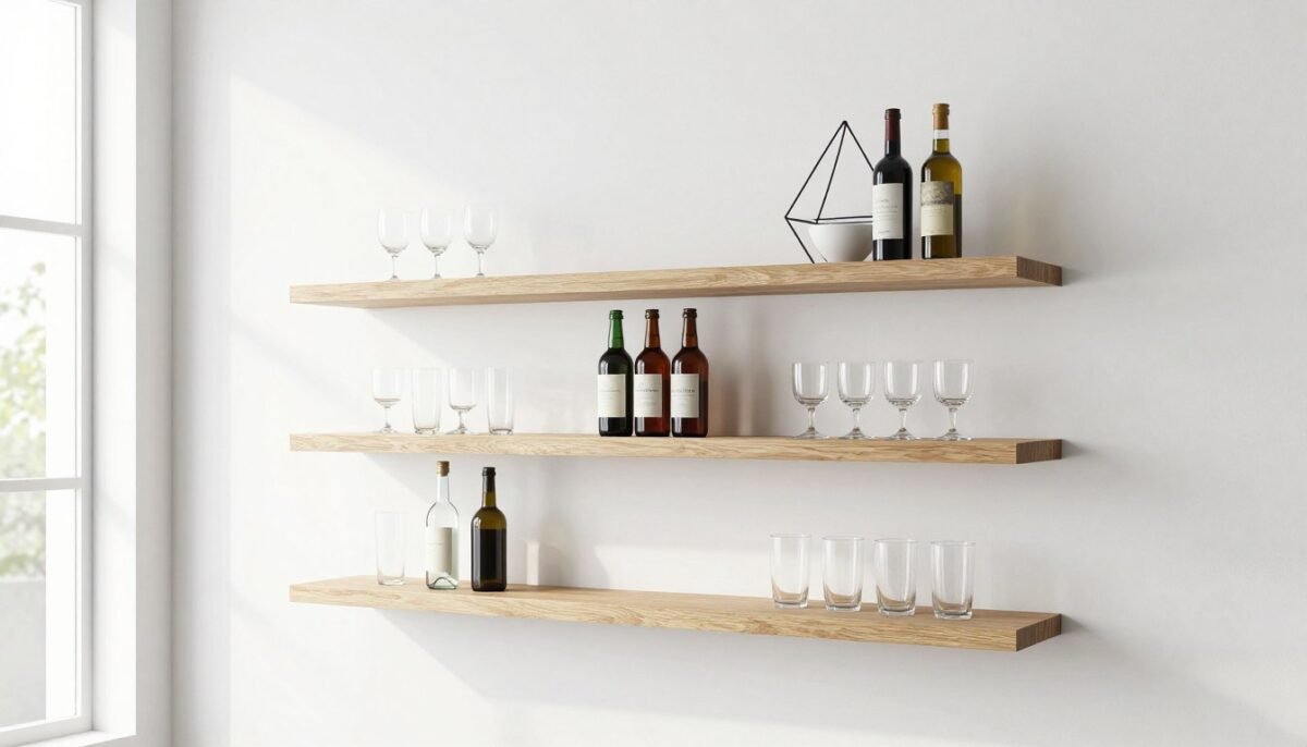 Minimalist floating shelf bar mounted on white wall with glassware