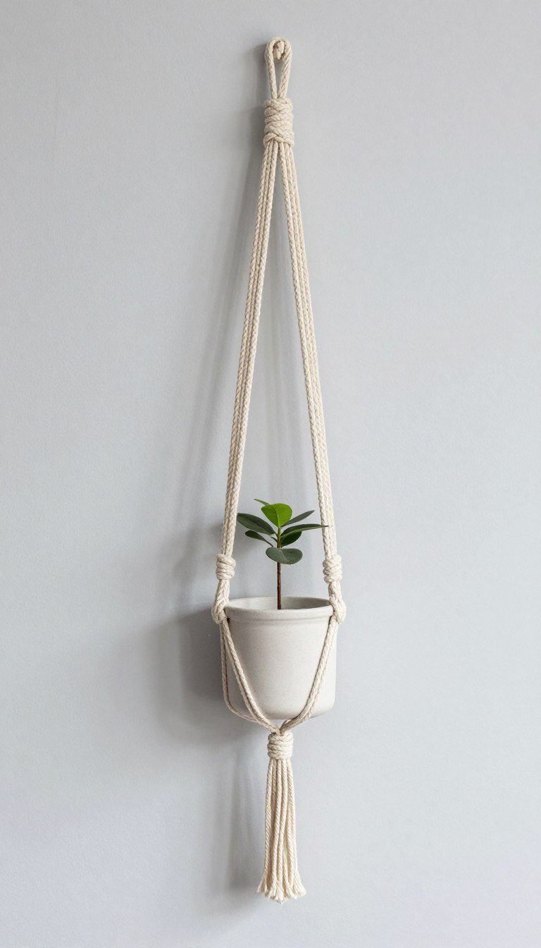 Minimalist macrame plant hanger with clean lines and modern design