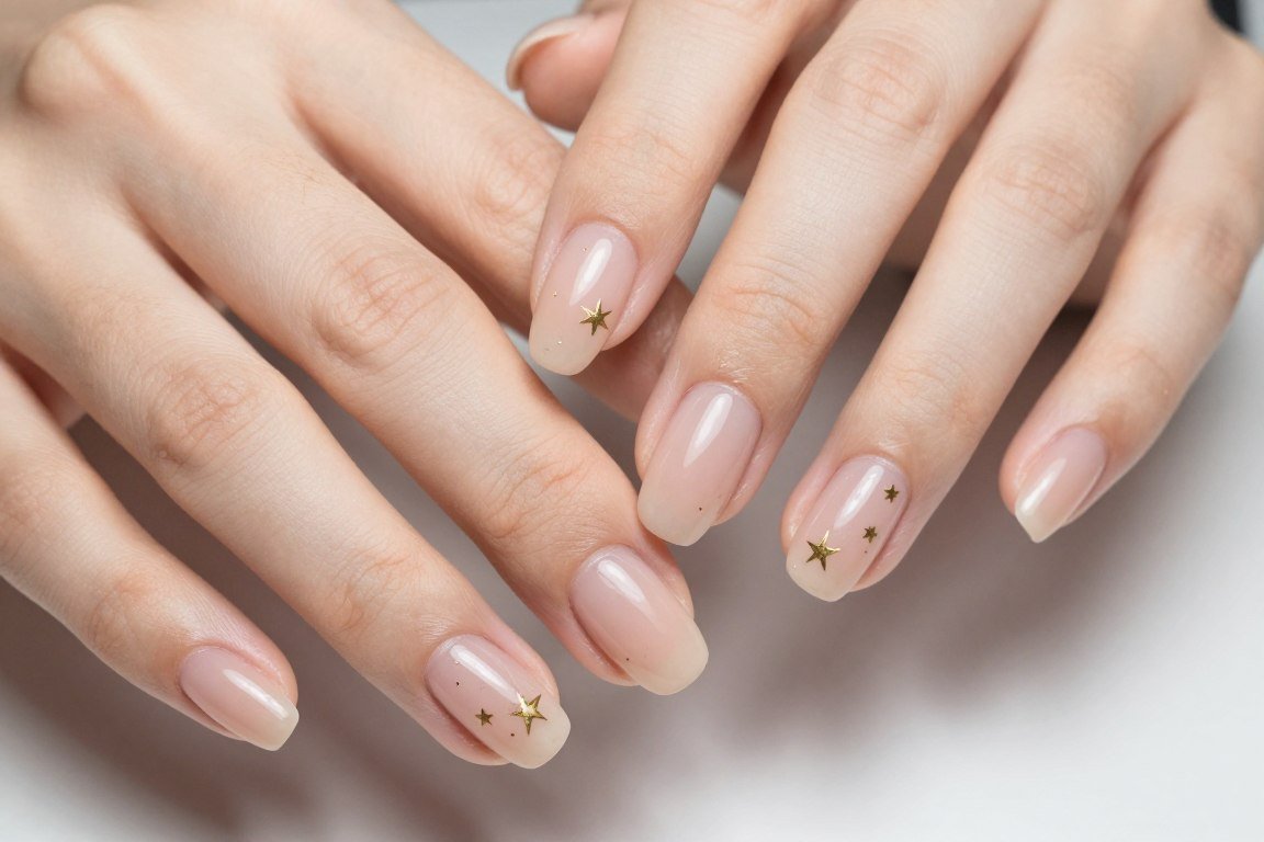 Minimalist nude July nails with delicate gold star accents and negative space