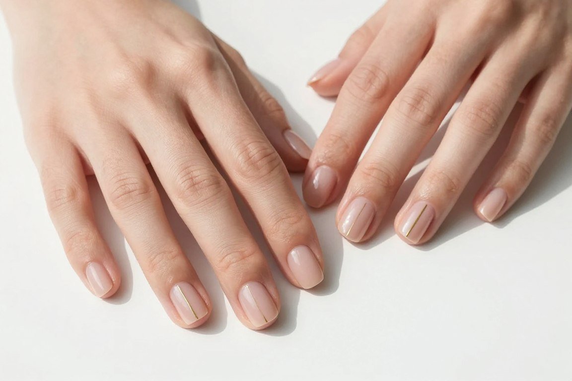 Minimalist nude nails with thin gold line accents