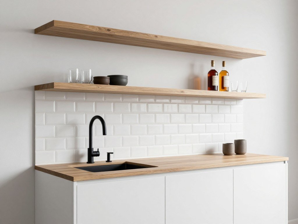Minimalist wet bar with floating shelves and integrated sink demonstrating built-in bar ideas