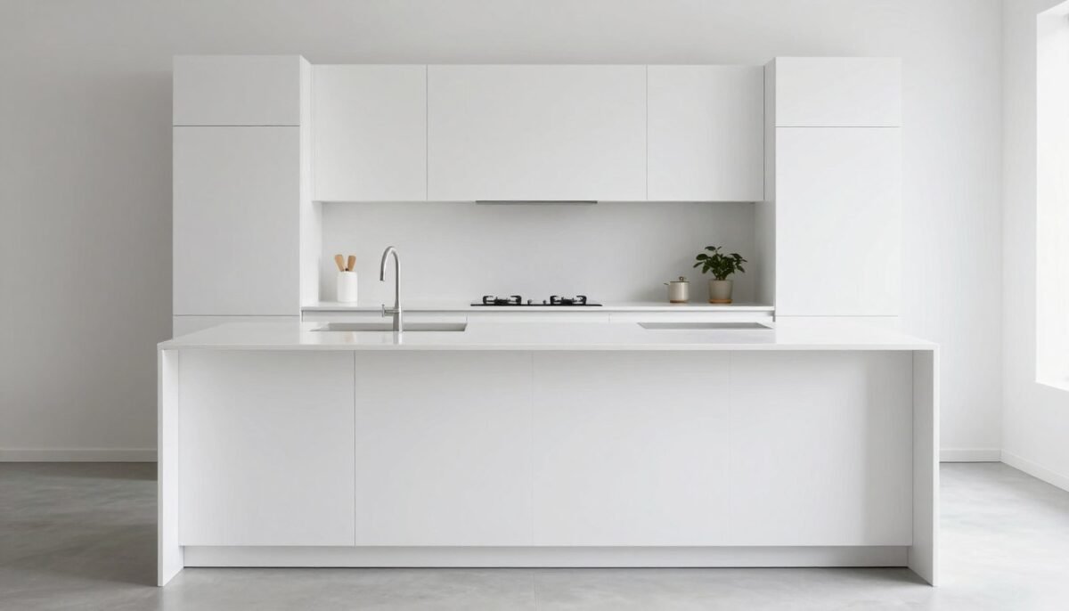 Minimalist white kitchen island with clean lines