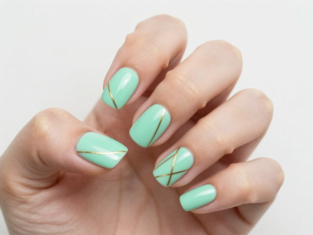 Mint green minimalist nail design with simple geometric lines