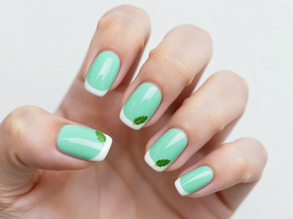 Mint mojito inspired June nails with green and white details