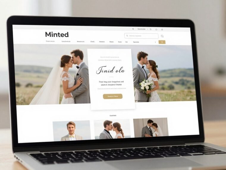 Minted wedding couple search interface on laptop screen