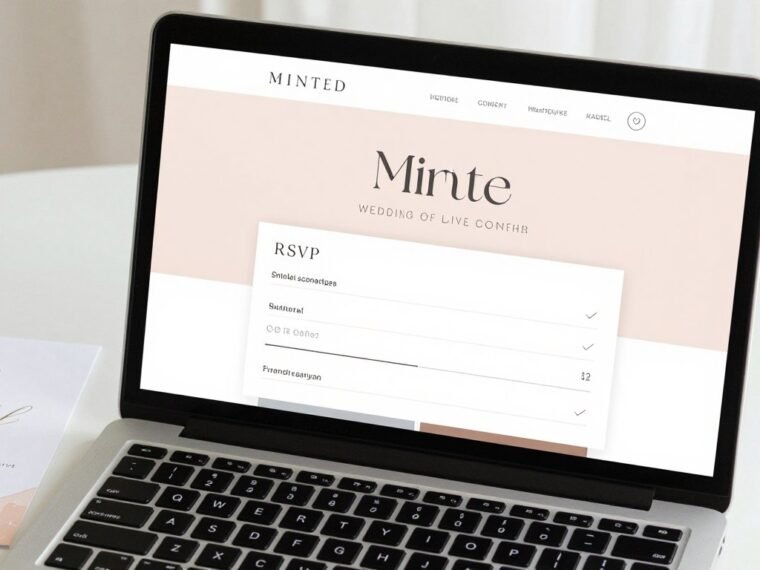 Minted wedding website RSVP interface on laptop screen
