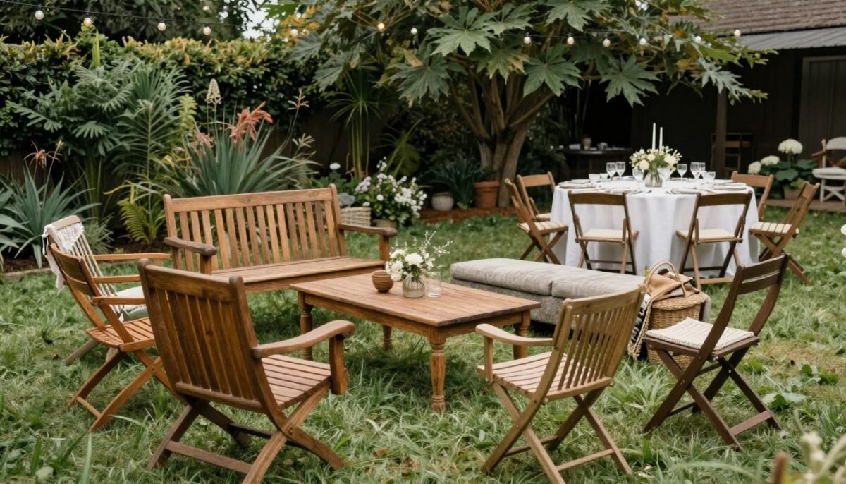 Mix of borrowed chairs and benches for casual backyard wedding seating