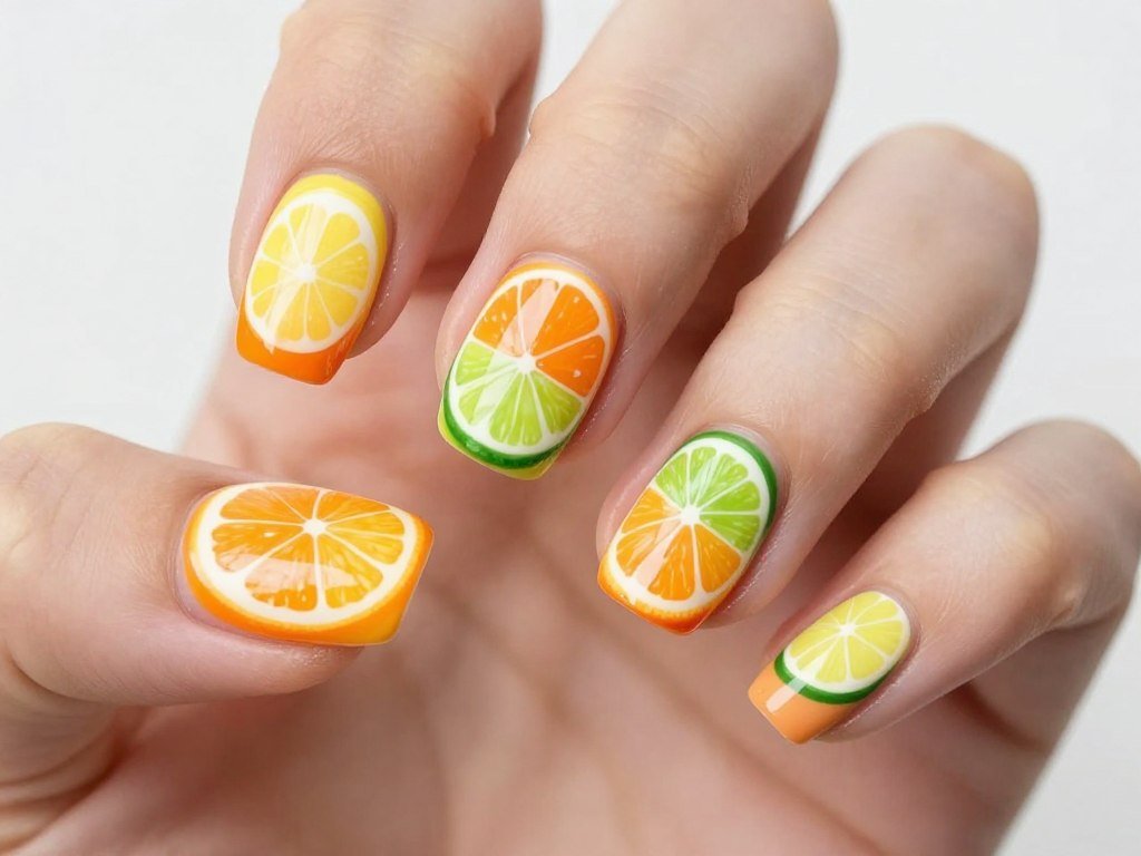 Mixed citrus fruit design June nails with oranges lemons and limes