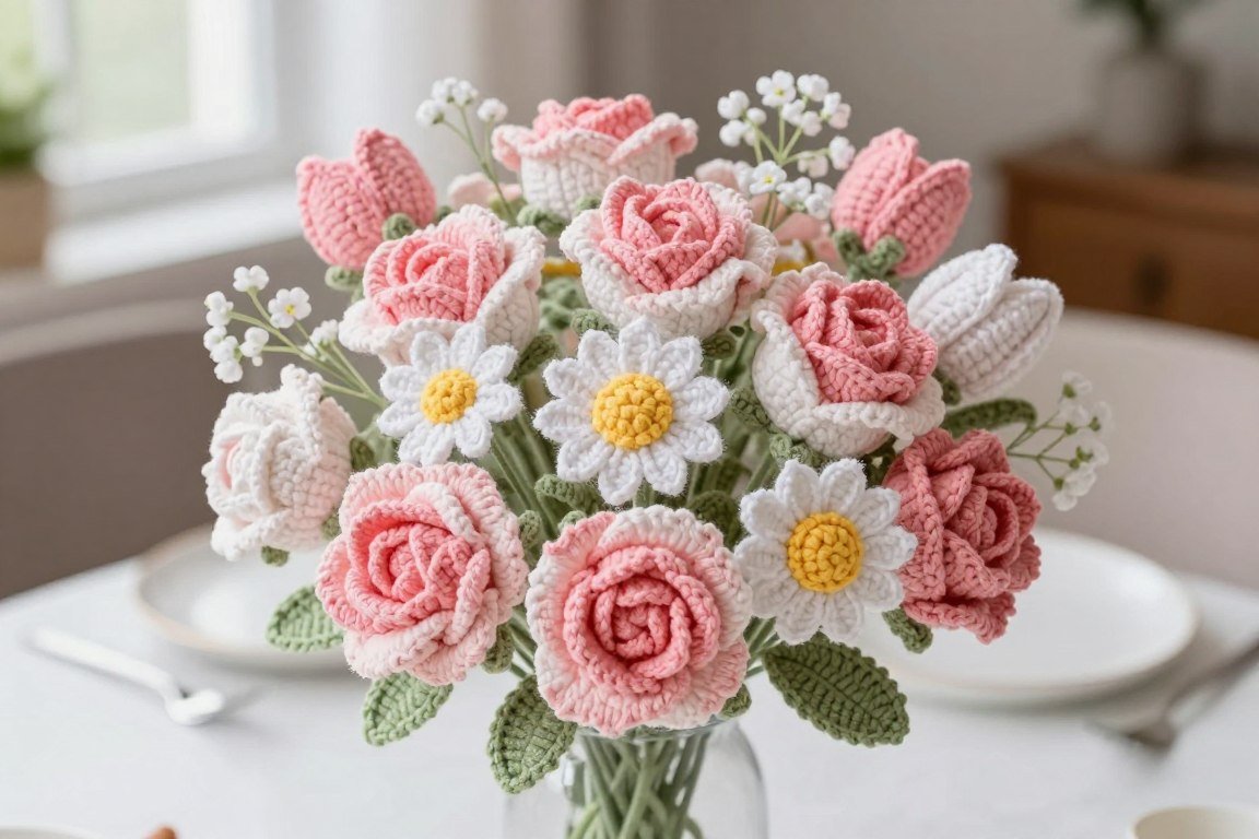 Mixed crochet flower bouquet in vase showing variety of flower types