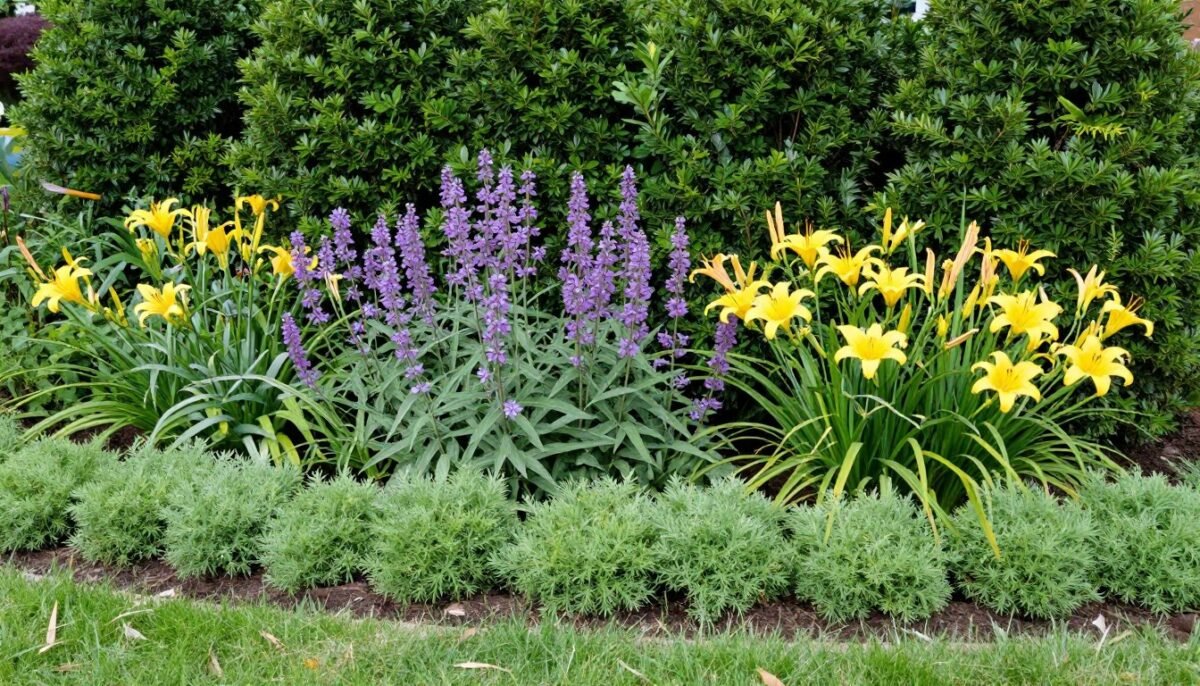 Mixed perennial border with evergreen structure