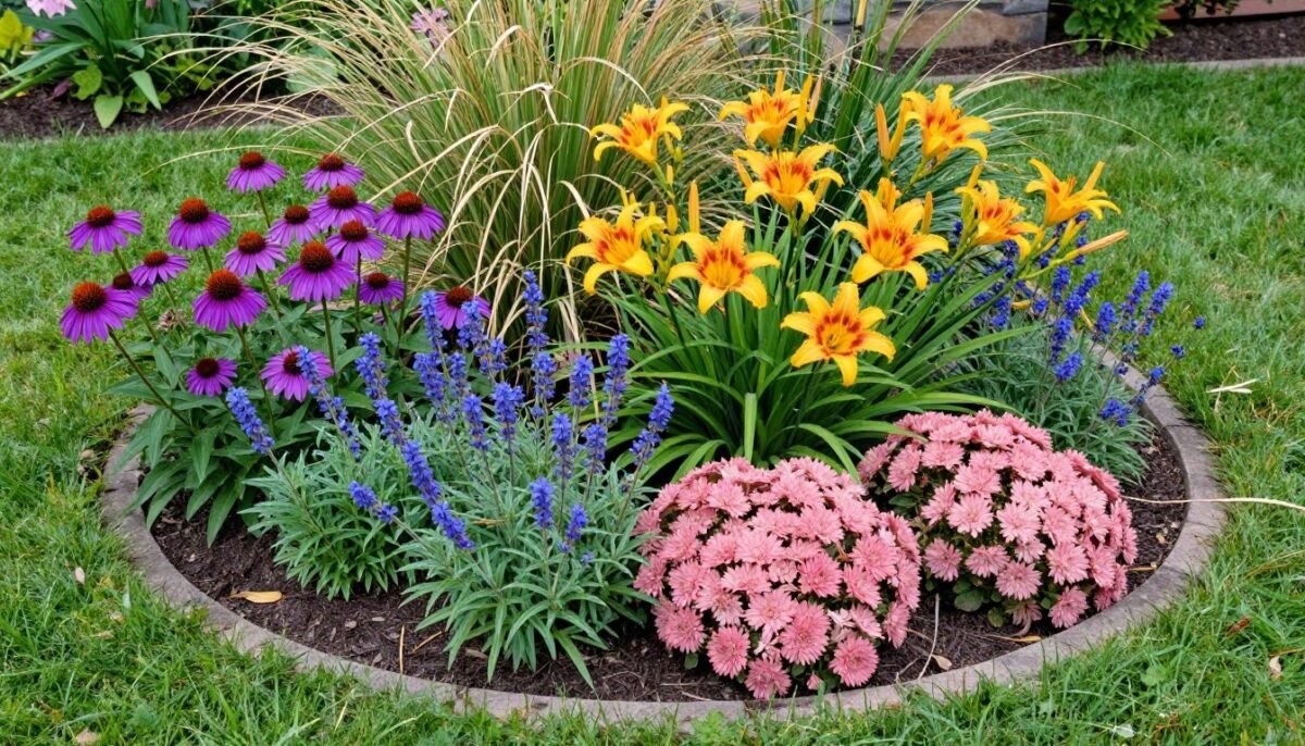 Mixed perennial corner bed with coneflowers and daylilies