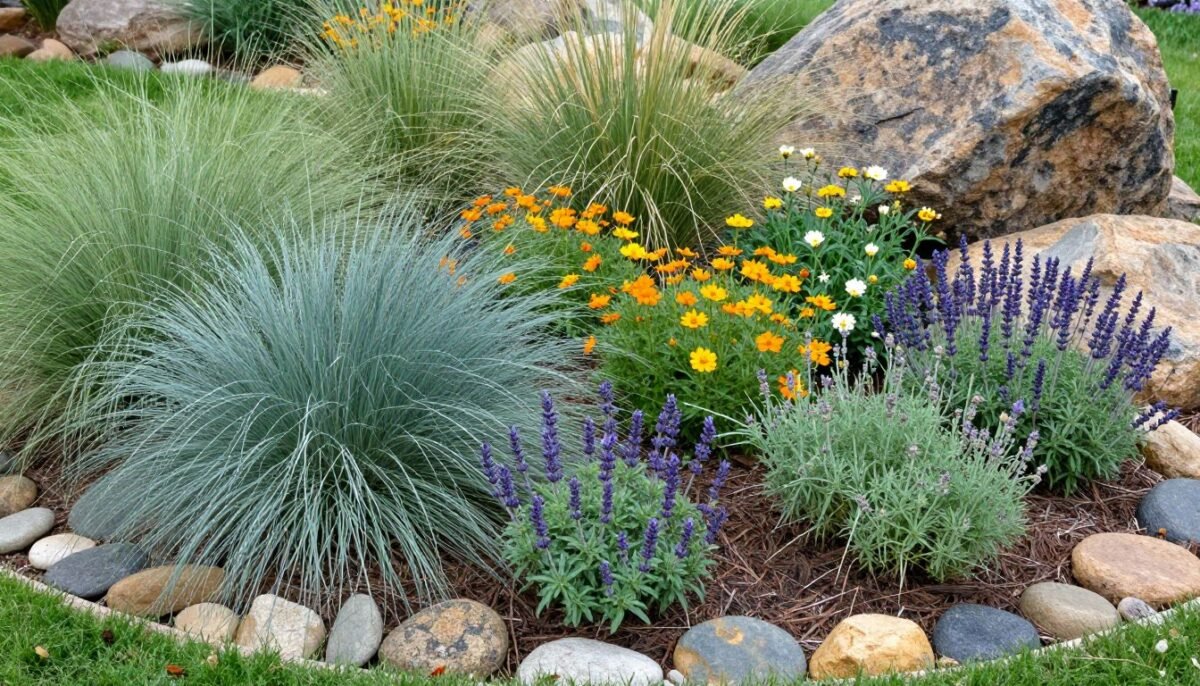 Mixed xeriscape bed with grasses and flowering perennials