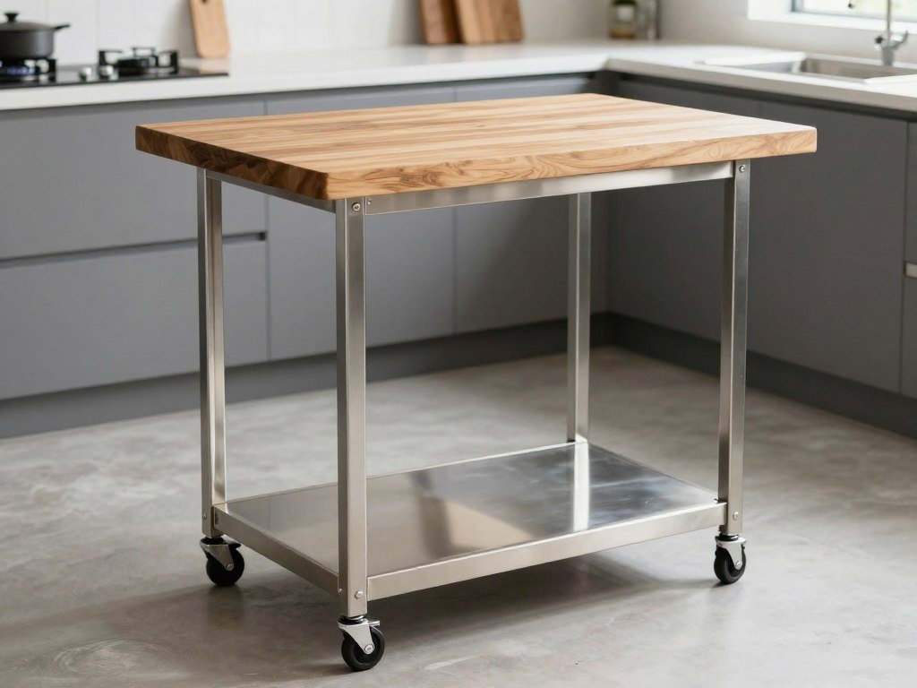 Mobile kitchen cart island with butcher block top and stainless steel frame