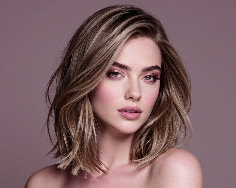Model with cool skin tone showing ash blonde balayage on dark brown base