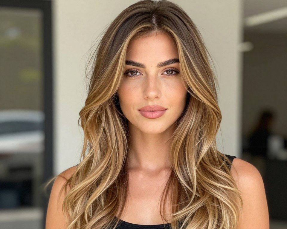Model with warm skin tone showcasing golden honey blonde balayage on dark brown hair