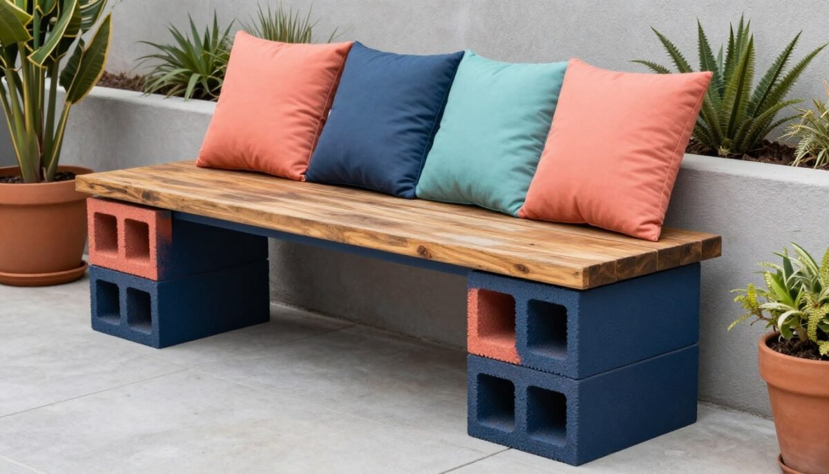 Modern DIY cinder block bench with colorful painted blocks and outdoor cushions