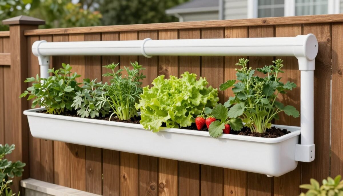 Modern DIY gutter garden system mounted on fence with growing herbs and lettuce