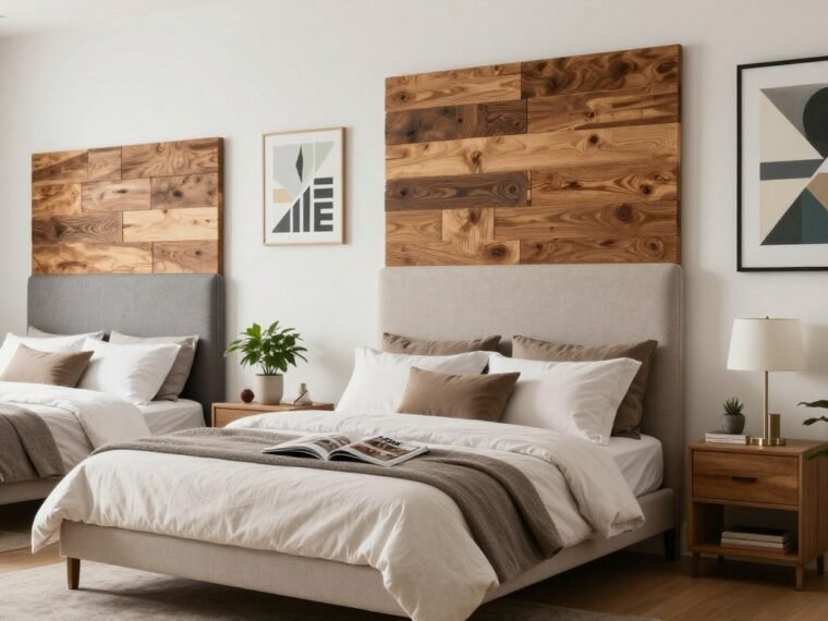 Modern DIY headboard ideas showcasing various styles from rustic wood to upholstered fabric designs in a bright bedroom setting
