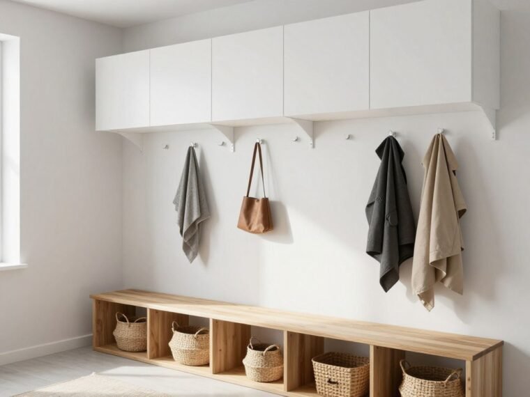 Modern IKEA mudroom design with white SEKTION cabinets and wooden bench