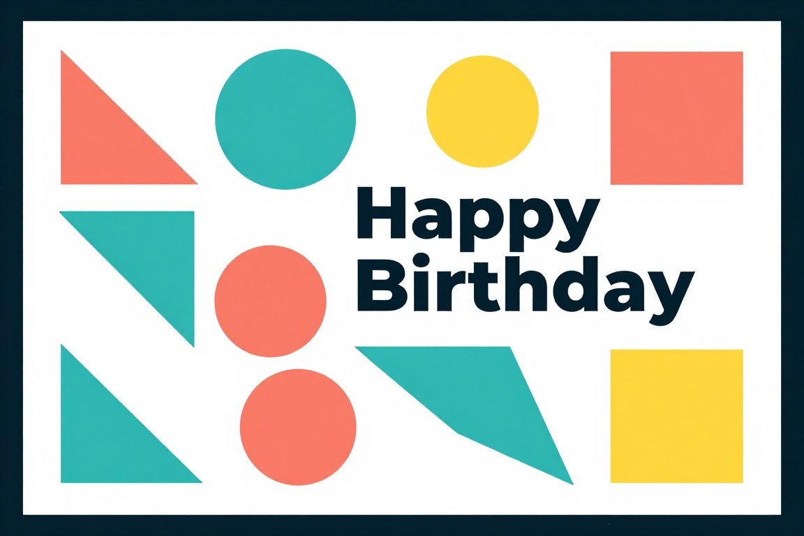 Modern birthday card with colorful geometric shapes and patterns