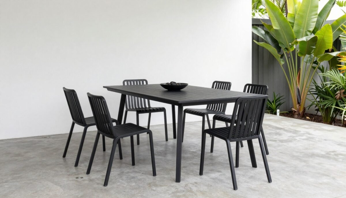 Modern black metal furniture on minimalist lanai